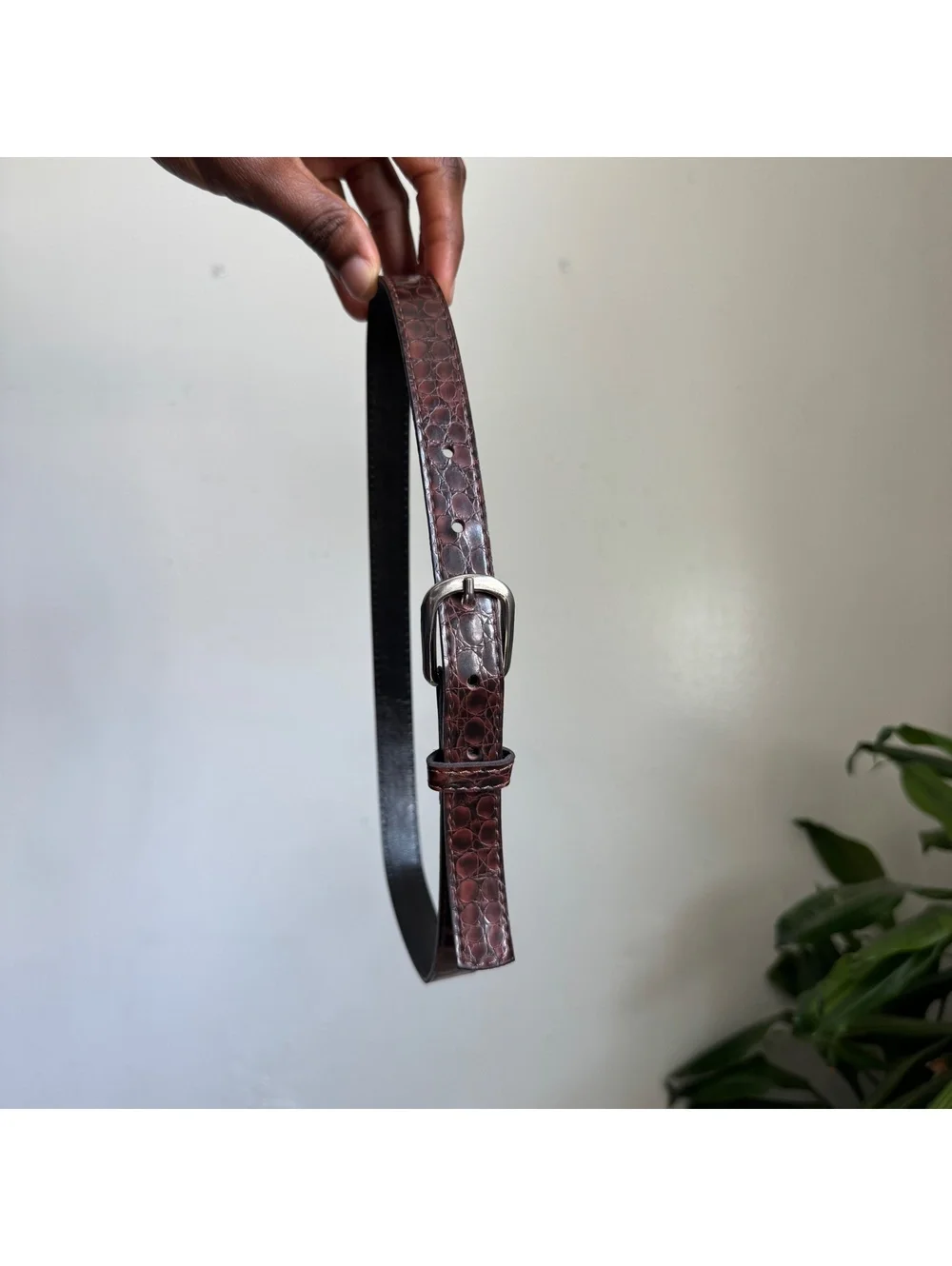 90s Dark Brown Croc Embossed Skinny Belt Silver Buckle Fits like XS